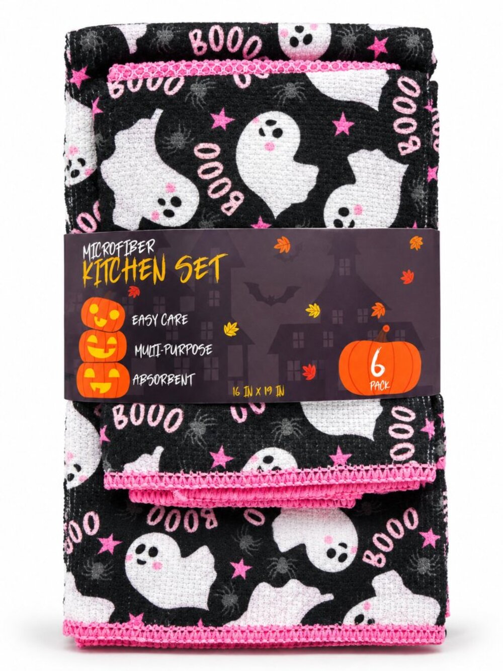 Halloween Ghost Microfiber Kitchen Towels 6 Pack Pink Black Boo 16x19 Spooky